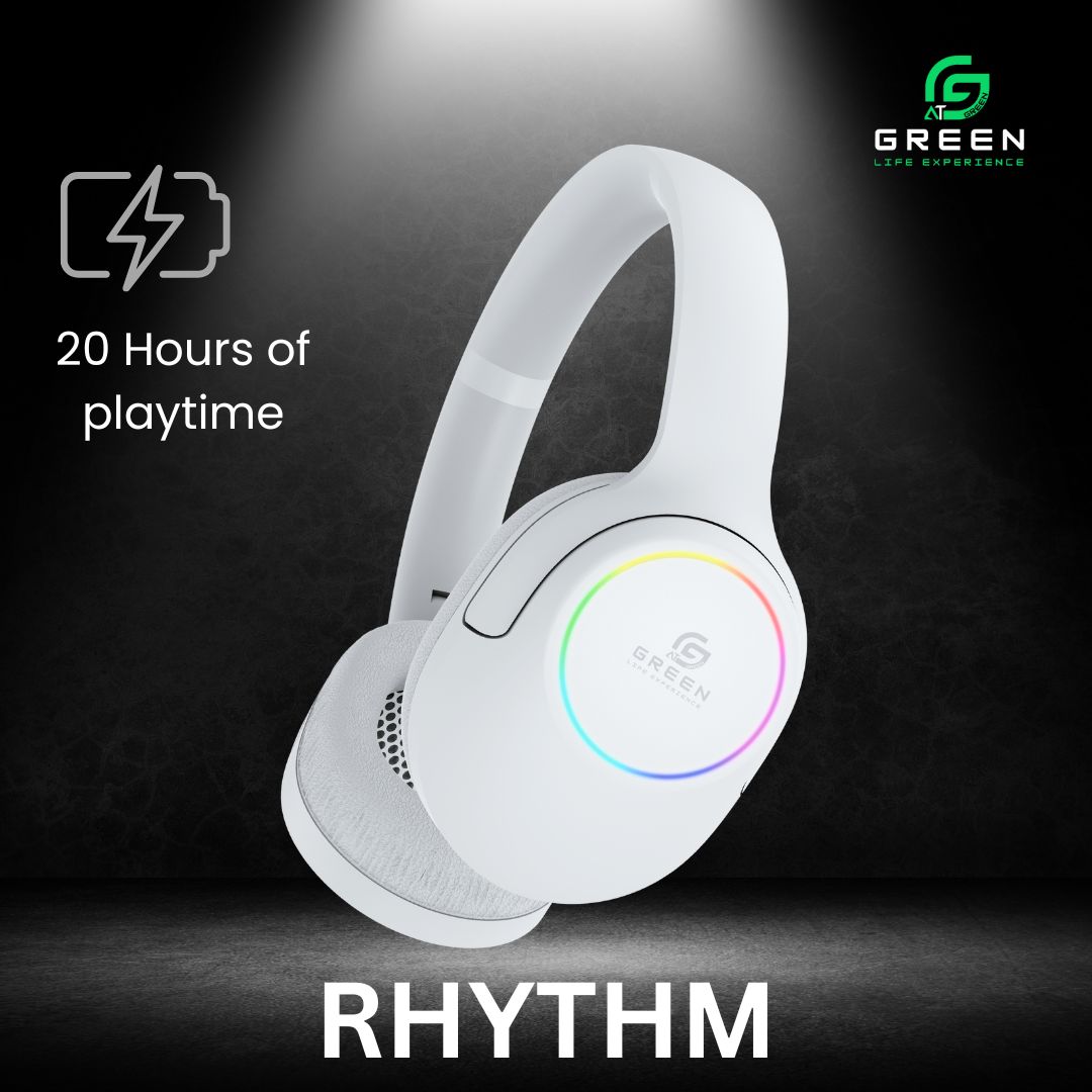 Green Rhythm Headphone | 40mm Driver | Foldable | 20 Hours Playtime | TF Slot | High Definition Sound Quality | Radio Switching | 150 Hours Of Standby Time | RGB Light Effect | 5.3 Bluetooth Version | 6 Months Warranty | Black , Soft Almond & Silver Mist - Image 3