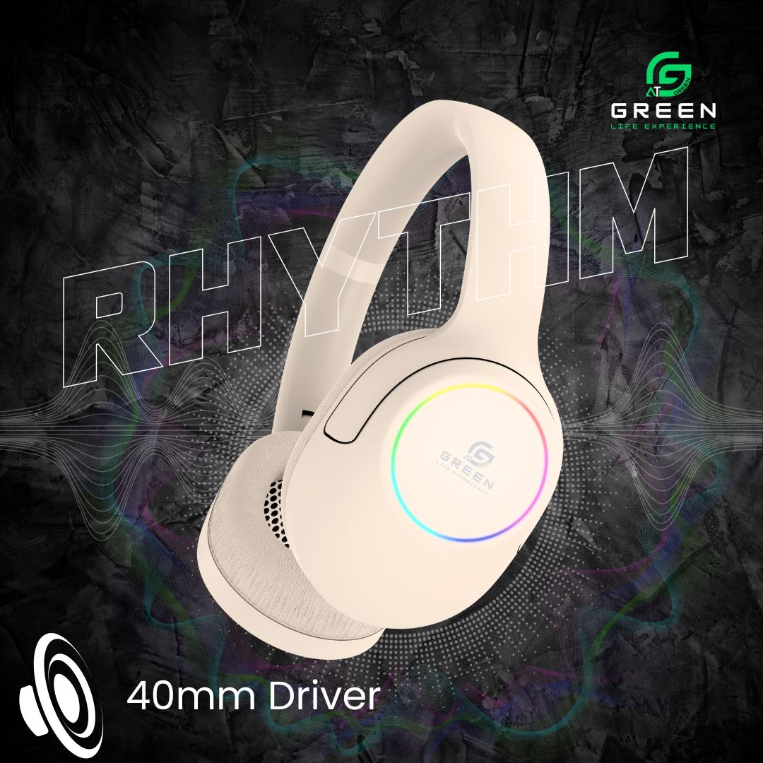 Green Rhythm Headphone | 40mm Driver | Foldable | 20 Hours Playtime | TF Slot | High Definition Sound Quality | Radio Switching | 150 Hours Of Standby Time | RGB Light Effect | 5.3 Bluetooth Version | 6 Months Warranty | Black , Soft Almond & Silver Mist - Image 2