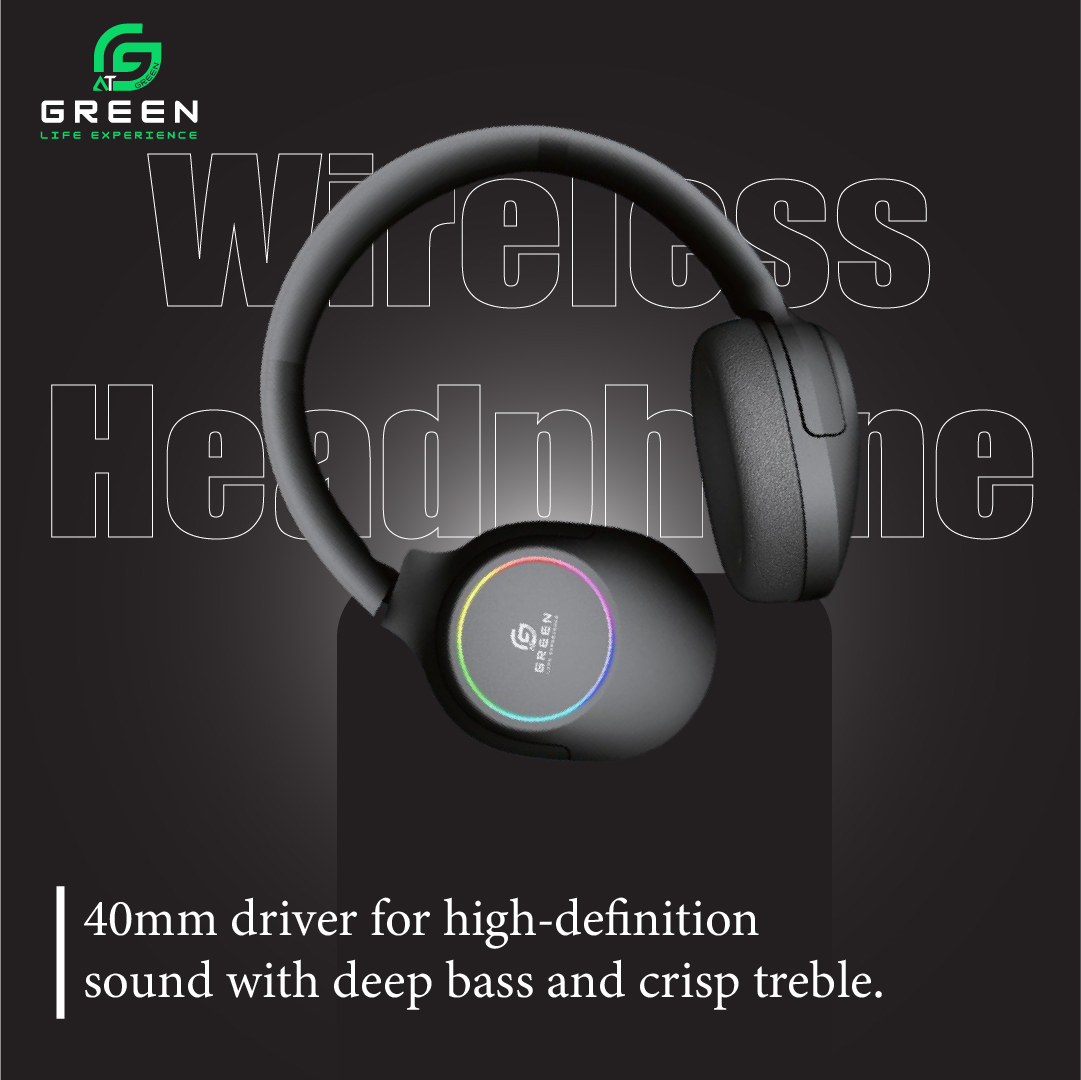 Green Rhythm Headphone | 40mm Driver | Foldable | 20 Hours Playtime | TF Slot | High Definition Sound Quality | Radio Switching | 150 Hours Of Standby Time | RGB Light Effect | 5.3 Bluetooth Version | 6 Months Warranty | Black , Soft Almond & Silver Mist - Image 4