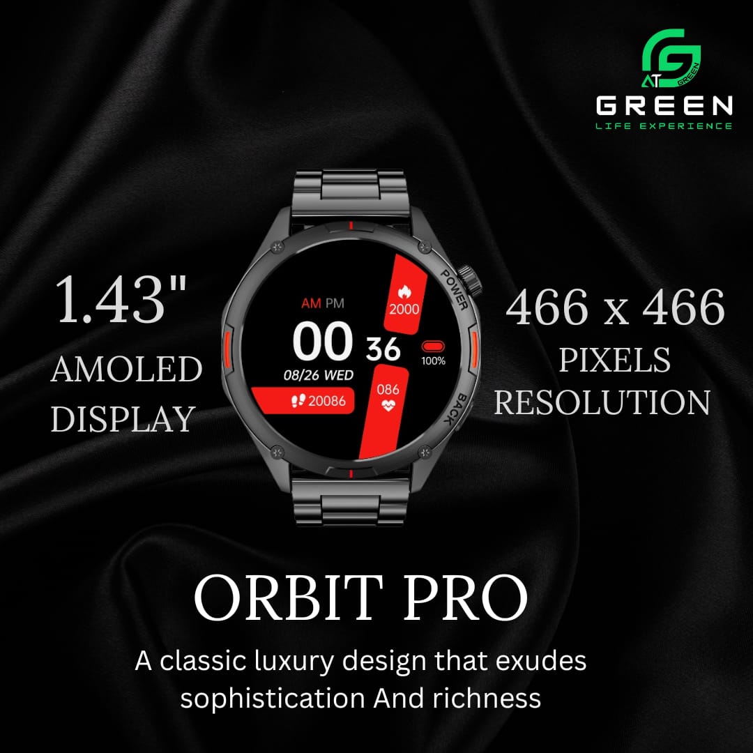 Green Orbit Pro Luxury Smart Watch | 1.43" AMOLED Display | Metallic Body With Stainless Steel & Leather Strap | 3D Watch Faces | BT Calling | IP68 Water Resistance | 178 Sports Modes | BT V5.2 | 270mAh Battery | 20 Days Standby | AOD | 1 Year Warranty - Image 3