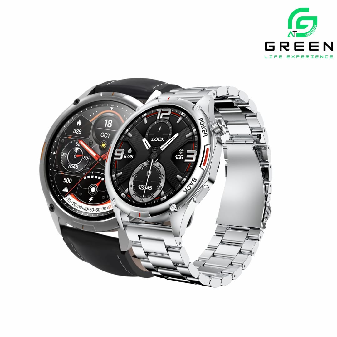 Green Orbit Pro Luxury Smart Watch | 1.43" AMOLED Display | Metallic Body With Stainless Steel & Leather Strap | 3D Watch Faces | BT Calling | IP68 Water Resistance | 178 Sports Modes | BT V5.2 | 270mAh Battery | 20 Days Standby | AOD | 1 Year Warranty