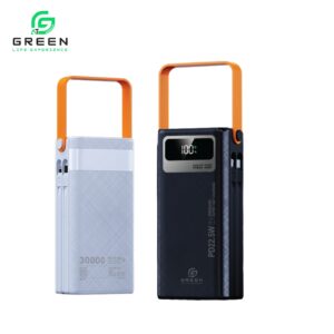 Green Thunder X4 Powerbank | 30000mAh PD Fast Charging | Removable Attach Wire | Emergency Flash Light | 22.5W | 7 Output Ports | 2 Input Ports | Two Way PD Fast Charging | Digital Display | QC 3.0 | Lithium polymer Large Capacity Battery | Portable