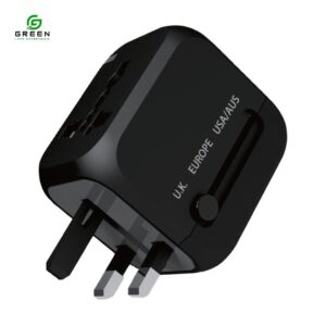 Green ADP‑20 Universal Travel Adapter | 150+ countries | 3 charging ports: 2× USB-A + 1× USB-C PD (20W) | lightweight design | Built-in 6A safety fuse and safety shutters | LED power indicator | Supports 100–240V worldwide voltage input