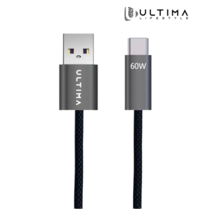 Ultima Flow 60 | 60W USB A to Type C Black Braided Cable | E-Mark IC Protects Battery Health | USB 2.0 For High Speed Data Transfer | 1 Year Replacement Guarantee