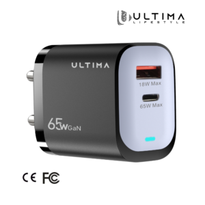 Ultima Rapid 65 | 65Watt Dual Port GaN Charger | CE & FCC Certified Charger | Universal Protocol Support (98% All Protocols) | Type C (65W Max) & USB A ( 18W Max) Output | Auto-Cut Function | 1 Year Replacement Guarantee