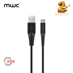 MWC MUC100W Premium | USB-A to Type-C 100W Premium Quality Ultra-Fast Charging Cable | 1m Long Premium Quality Core and coated with Premium TPE | USB 3.1 | 5A - Black