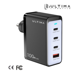 Ultima Rapid 100 | 100Watt GaN Charger with 4 Output Ports | 3x100W Type C & 1x65W USB A Port | CE & FCC Certified Charger | Universal Protocol Support (98% All Protocols Like VOOC, WARP, DASH) | 1 Year Replacement Guarantee