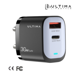 Ultima Rapid 30 | 30Watt Dual Port GaN Charger | CE & FCC Certified Charger | Universal Protocol Support (98% All Protocols Like VOOC, WARP, DASH) | Type C (30W Max) & USB A ( 18W Max) Output | Auto-Cut Function