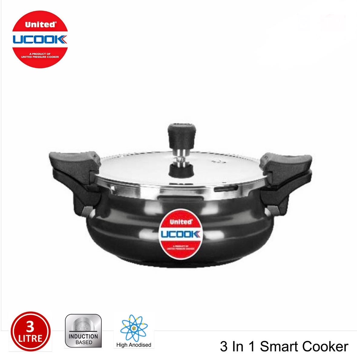 UNITED UCOOK 3 in 1 Smart 3 Litres Hard Anodised Induction Based With Outer Lid Cooker ( Cooker + Strainer + Server )
