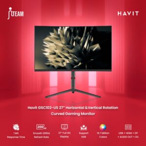 Havit GSC102-US 27" inch Curved Gaming Monitor | 200Hz Refresh Rate | IPS Panel | 1ms Response Time | 90 degree Rotatable | 1920*1080 Resolution | 1 Year Warranty
