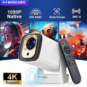 Magcubic HY310 1080P Android 11 Smart Projector | 330 ANSI Lumens | Auto Focus & Auto Keystone | WiFi 6 Bluetooth 5.4 | 4K Support | with Air Mouse Voice Remote | Portable Outdoor Movie Projector | Home Cinema & Gaming