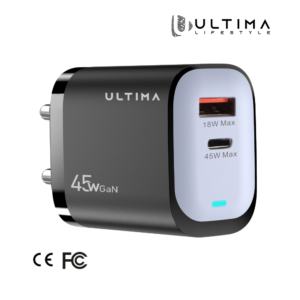 Ultima Rapid 45 | 45Watt Dual Port GaN Charger | CE & FCC Certified Charger | Universal Protocol Support (98% All Protocols Like VOOC, WARP, DASH) | Type C (45W Max) & USB A ( 18W Max) Output | Auto-Cut Function | 1 Year Replacement Guarantee