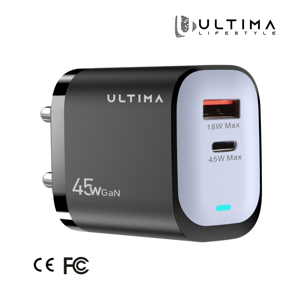 Ultima Rapid 45 | 45Watt Dual Port GaN Charger | CE & FCC Certified Charger | Universal Protocol Support (98% All Protocols Like VOOC, WARP, DASH) | Type C (45W Max) & USB A ( 18W Max) Output | Auto-Cut Function | 1 Year Replacement Guarantee