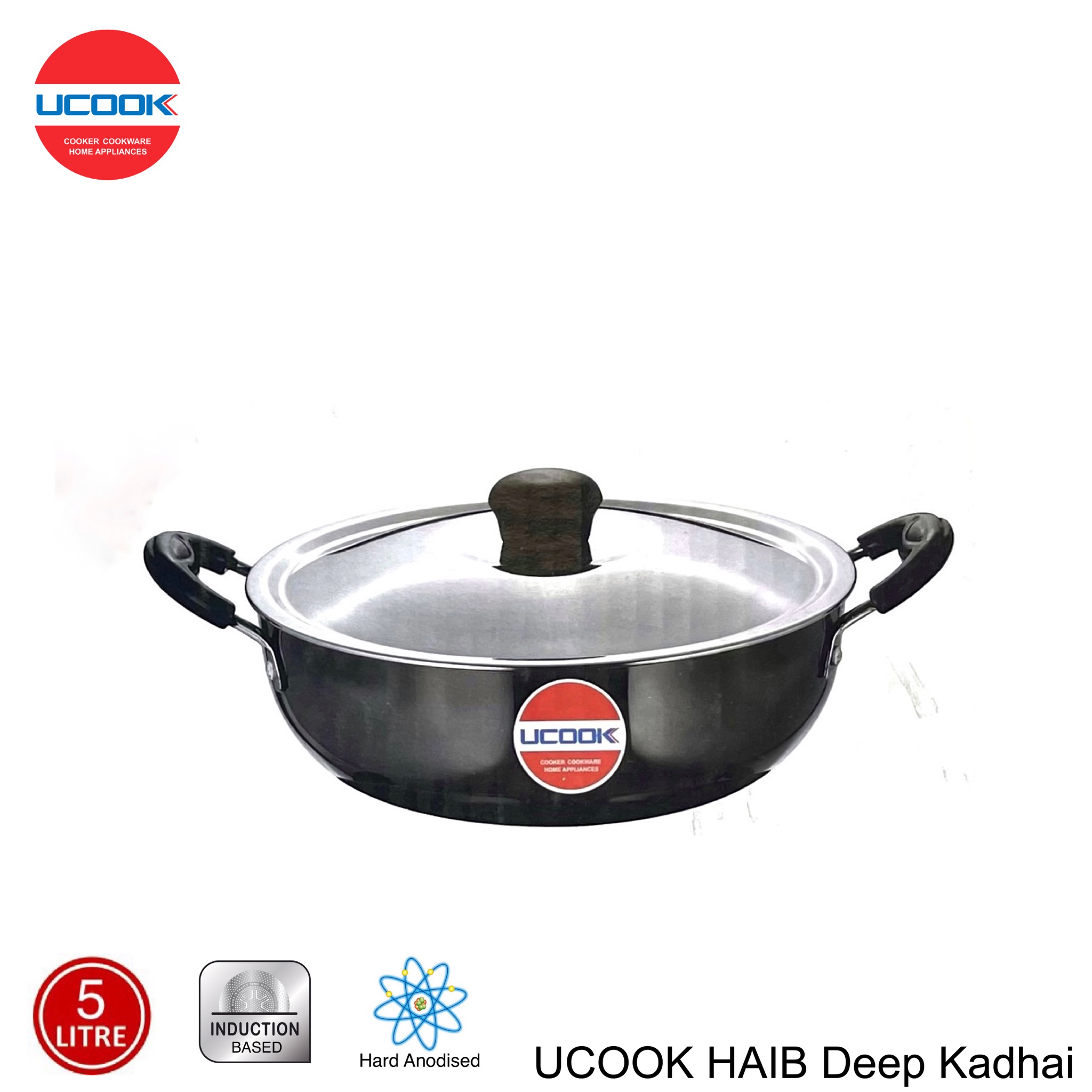 UCOOK Hard Anodised Induction Based Steel Lid Deep Kadhai 5 Litres
