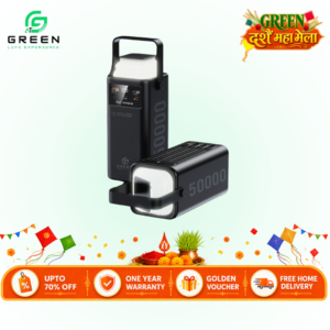 Green Turbo-50 Powerbank |50000mAh PD Fast Charging | Removable Attach Wire | Emergency Flash Light | 22.5W | 4 Output Ports | 3 Input Ports | Two Way PD Fast Charging | Digital Display | QC 3.0 | Lithium polymer Large Capacity Battery | 6 Months Warranty