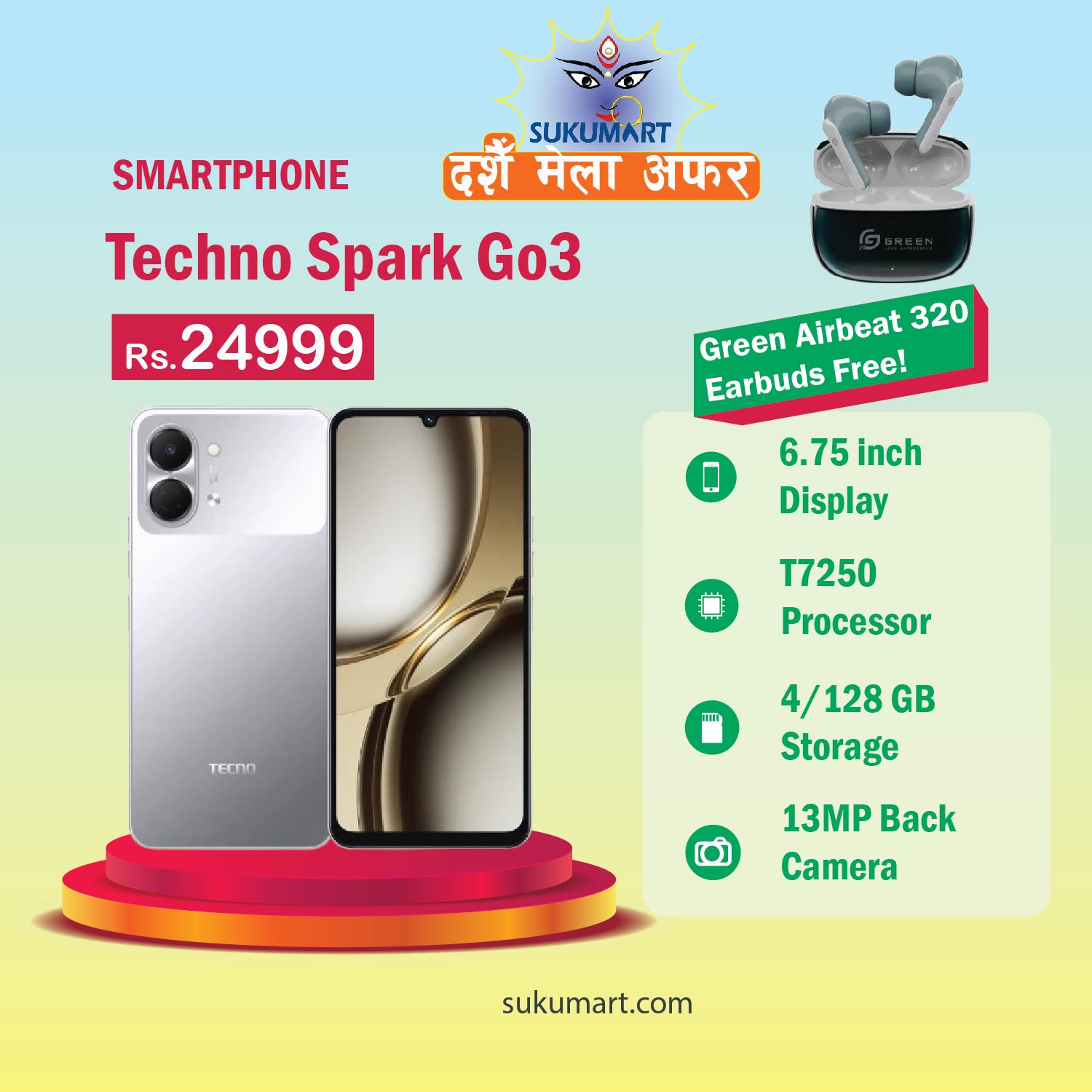 Techno Spark Go3 Smartphone | 4/128GB Storage | 13MP | 4G | Dashain Offer: Earbuds Free